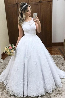 Abito da sposa Cerniera A-Line Pizzo Farfalla Ornamento Naturale Coda lunga