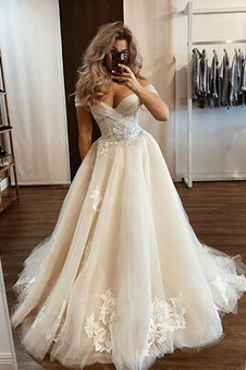 Abito da sposa Maniche Corte Cappellini Applique Fuori dalla spalla