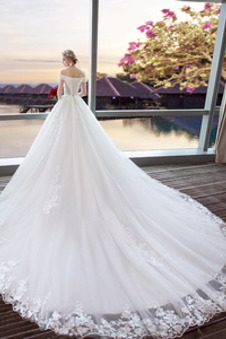 Abito da sposa Super Maniche Corte Fuori dalla spalla Tulle Pizzo Overlay