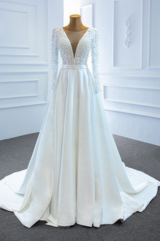 Abito da sposa Aqua perle V-Scollo Maniche Lunghe Corpetto ingioiellato