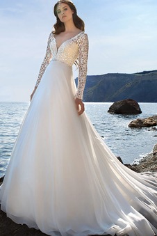 Abito da sposa A-Line Spiaggia Quanto V-Scollo Maniche Lunghe in pizzo