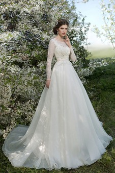 Abito da sposa Pizzo Applique Illusione maniche Primavera Maniche Lunghe