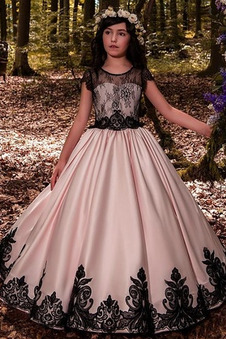 Abito cerimonia bambina T luce A-Line Maniche Corte Lace Coperta A Terra Naturale