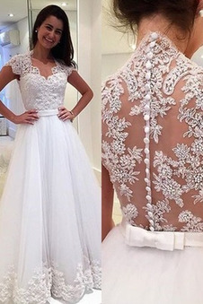 Abito da sposa Maniche Corte Pizzo francese Profondo V-scollo Queen Anne