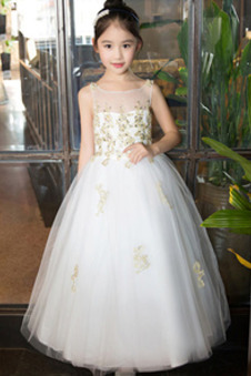 Abito cerimonia bambina Cerniera Pizzo Overlay Tulle Alle Caviglie Applique