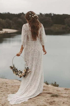 Abito da sposa Eleganti in pizzo V-Scollo Naturale Asimmetrico Treno di spazzata