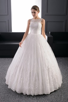 Abito da sposa Applique Allacciato Ball Gown Lungo Bateau Tulle