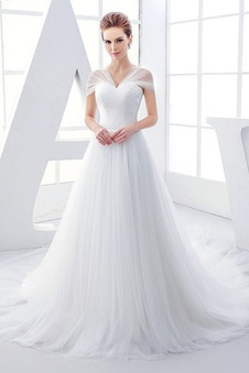 Abito da sposa Pieghe Cappellini Tulle Gonna lunga V-Scollo Corpo a rettangolo