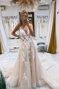 Abito da sposa Pizzo Profondo scollo a v V-Scollo A-Line Bottone Lungo