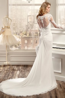 Abito da sposa Applique foglia guaina Maniche Lunghe Chiffon Bateau