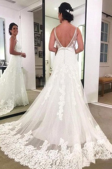 Abito da sposa Pizzo A-Line Schiena Nuda Naturale Treno della corte