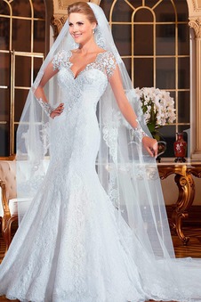 Abito da sposa Bottone Illusione maniche Con Velo Primavera Maniche Lunghe