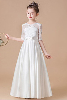 Abito cerimonia bambina decorato Super Satin Cerniera in pizzo A-Line Naturale