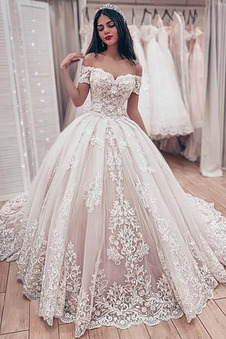 Abito da sposa A-Line Coda lunga maniche ad aletta Pizzo Overlay Collare di spalla Carta