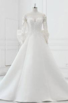 Abito da sposa Bateau Raso Maniche Lunghe T-Shirt Pizzo Overlay Applique