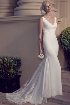 Abito da sposa Cerniera Senza Maniche eleganza V-Scollo Lungo Pizzo