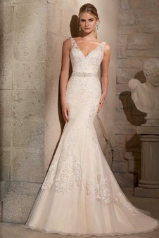 Abito da sposa V-Scollo Cintura di perline Primavera Cristino Schiena Nuda