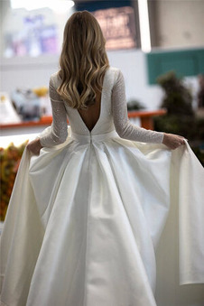 Abito da sposa Semplici V-Scollo Maniche Lunghe Primavera Raso a linea