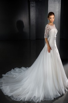 Abito da sposa Lungo Bateau A-Line Primavera trendiness Maniche a 3/4