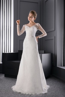 Abito da sposa Pizzo Allacciato Tubino Maniche Lunghe Cintura Naturale