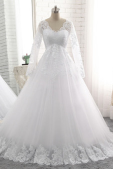 Abito da sposa Tulle Mezza Coperta Chiesa Queen Anne Festoni Illusione maniche