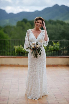 Abito da sposa Eleganti A Terra Profondo scollo a v in pizzo Schiena Nuda