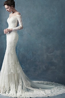 Abito da sposa Pizzo Omerale eleganza Applique Maniche Lunghe Lungo