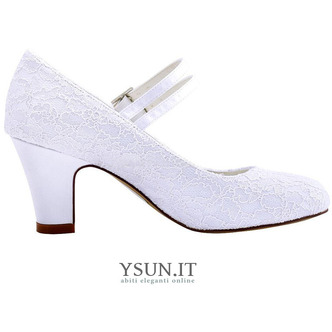 Scarpe da sposa con tacco spesso in pizzo bianco scarpe da sposa con tacco alto e punta tonda scarpe da damigella d'onore - Pagina 2