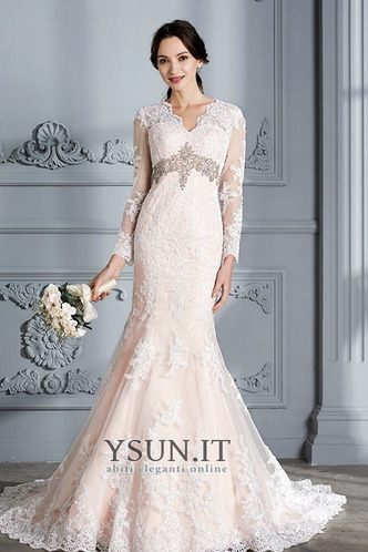 Abito da sposa Lungo Perline Quanto V-Scollo Naturale Pizzo Overlay - Pagina 4