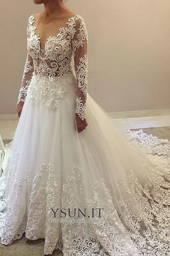 Abito da sposa A-Line XL Tulle Pizzo Overlay Maniche Lunghe indietro trasparente - Pagina 1