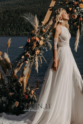 Abito da sposa Pizzo stravagante A-Line decorato Estate Senza Maniche - Pagina 4