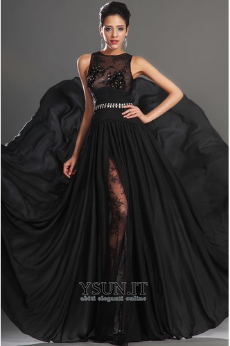 Vestito nero pizzo Bassa decorato Vedere Senza Maniche Fessura coscia - Pagina 3
