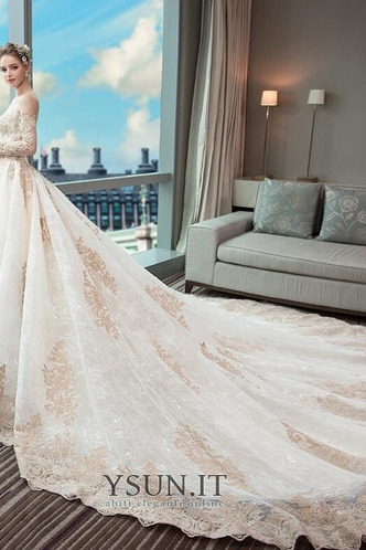 Abito da sposa Ricami Naturale Lunghi Quanto Fuori dalla spalla Bendaggio - Pagina 4