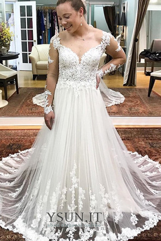 Abito da sposa Treno di spazzata Applique Cerniera A-Line Scollo a v V - Pagina 1