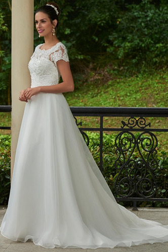 Abito da sposa A-Line Maniche Corte Pizzo Overlay Lungo Chiesa Primavera - Pagina 3