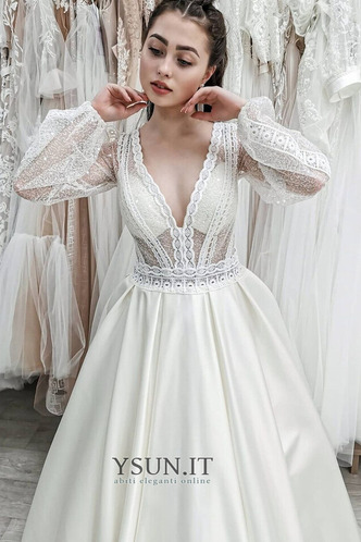 Abito da sposa Illusione maniche Primavera A Terra Raso Applique Scollo a v V - Pagina 2