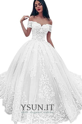 Abito da sposa A-Line Coda lunga maniche ad aletta Pizzo Overlay Collare di spalla Carta - Pagina 3