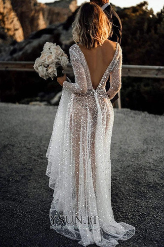 Abito da sposa paillettes A-Line Maniche Lunghe Naturale Vedere Stelle - Pagina 8