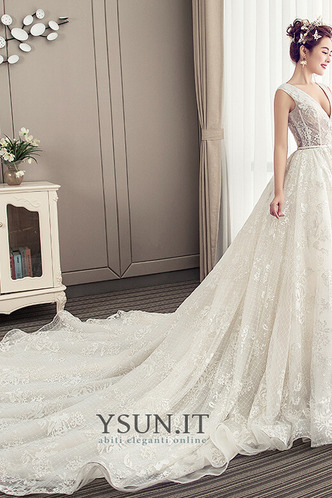 Abito da sposa Treno reale Profondo scollo a v Naturale Applique Clessidra - Pagina 3
