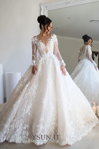 Abito da sposa Gonna lunga Pizzo francese V-Scollo Perline a linea - Pagina 1