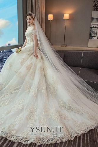 Abito da sposa Pizzo Maniche Corte Primavera Ricami A-Line Allacciato - Pagina 5