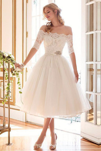 Abito da sposa Quanto Collo drappeggiato Tulle A-Line Fuori dalla spalla - Pagina 1