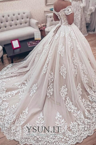 Abito da sposa A-Line Coda lunga maniche ad aletta Pizzo Overlay Collare di spalla Carta - Pagina 2