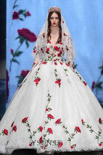 Abito da sposa Applique Lungo Rosetta accentato Naturale Autunno Corpo a pera - Pagina 1