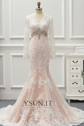 Abito da sposa Lungo Perline Quanto V-Scollo Naturale Pizzo Overlay - Pagina 7