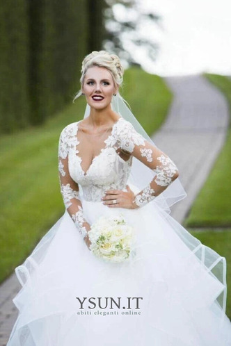 Abito da sposa Vintage Applique Scollo a v V Maniche Lunghe Oscillare - Pagina 3