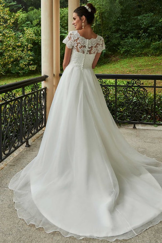 Abito da sposa A-Line Maniche Corte Pizzo Overlay Lungo Chiesa Primavera - Pagina 4