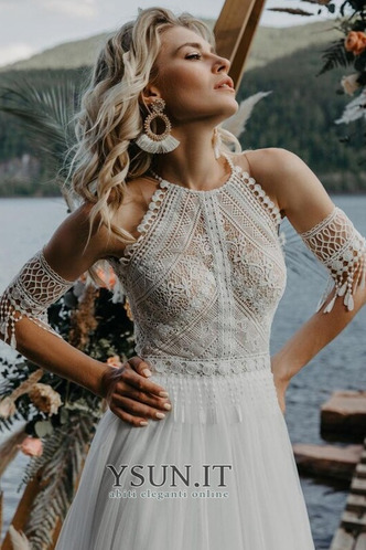 Abito da sposa Pizzo stravagante A-Line decorato Estate Senza Maniche - Pagina 5