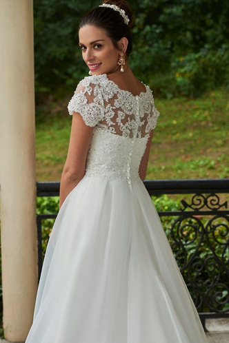 Abito da sposa A-Line Maniche Corte Pizzo Overlay Lungo Chiesa Primavera - Pagina 5