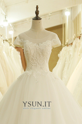 Abito da sposa Autunno Lace Coperta Raso Maniche Corte A-Line Naturale - Pagina 4